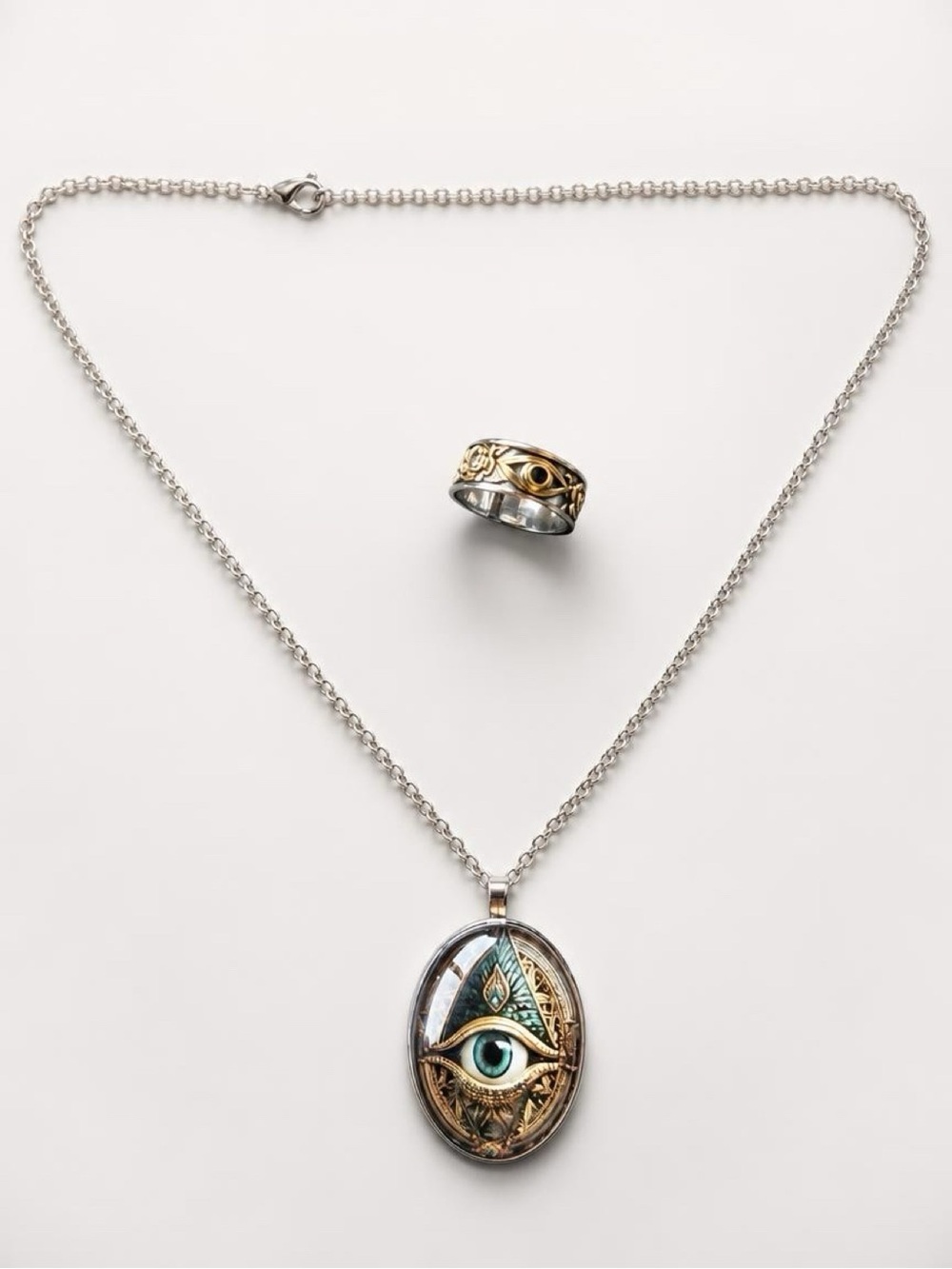 Silver Chain tine Necklace with Gold-Accented Teal Eye Pendant & Eye Ring